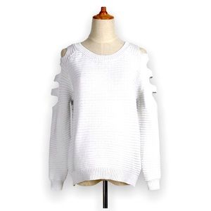 Ambiance Apparel Woman’s White Cold Shoulder Arm Cutout Knit Sweater Size: Small